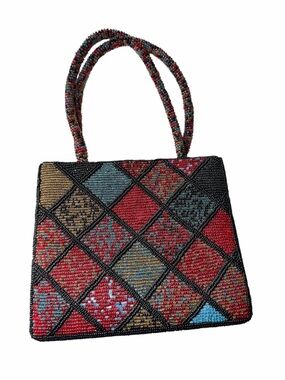 Vintage Ermo Beaded Patchwork Tote Handbag in Red, Black and Multicolor
